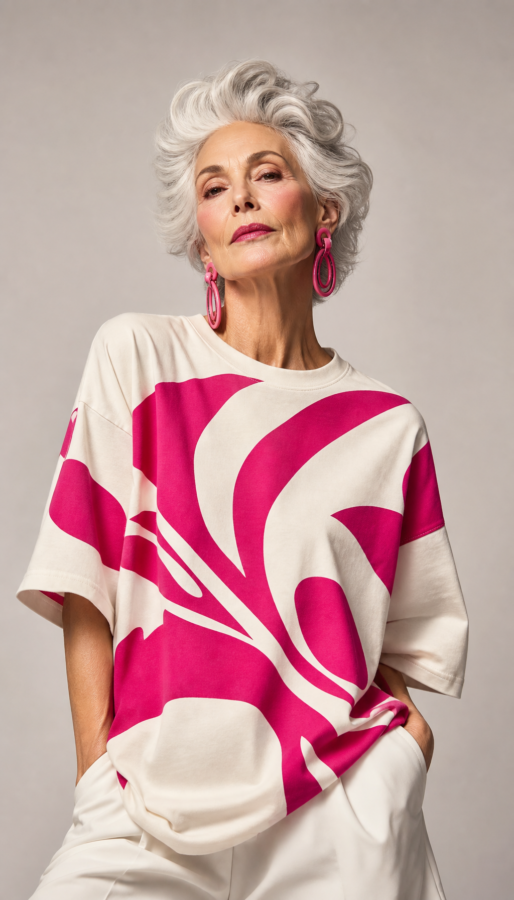 Ultra high fashion grandmother model in a bold magenta graphic T-shirt
